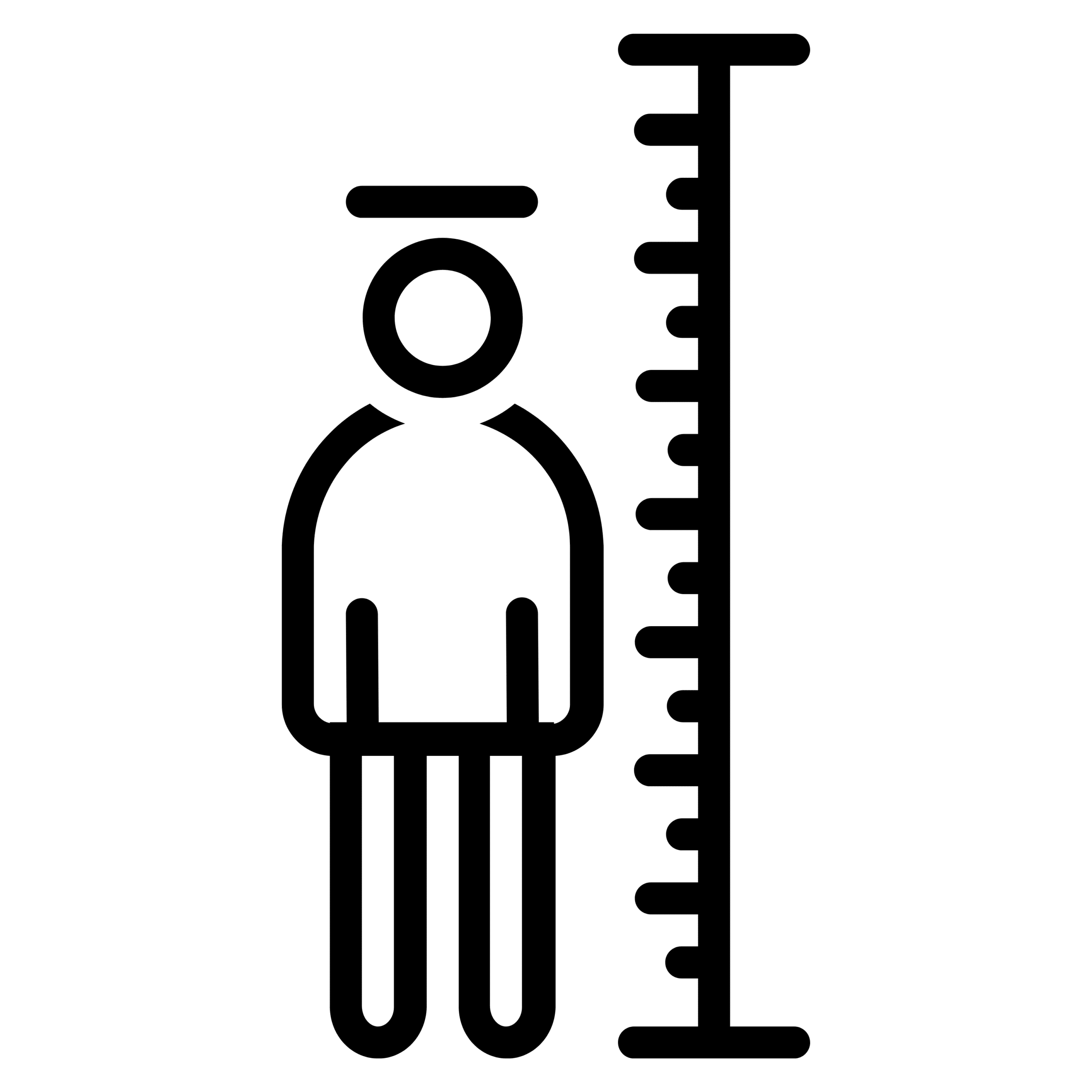 A black outline icon of a person standing next to a measuring ruler