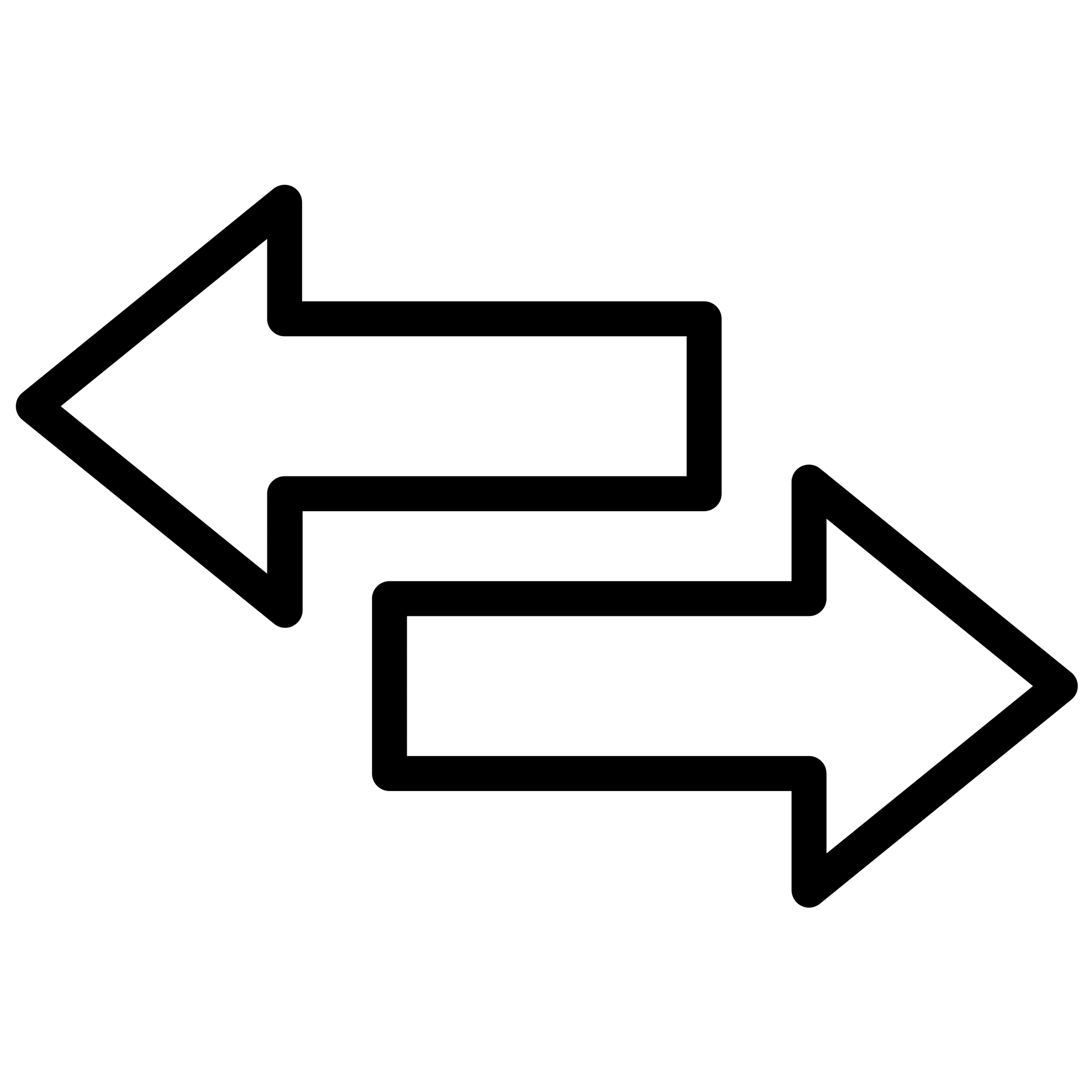 Two arrows on top of each other. The top arrow points left, the bottom arrow points right