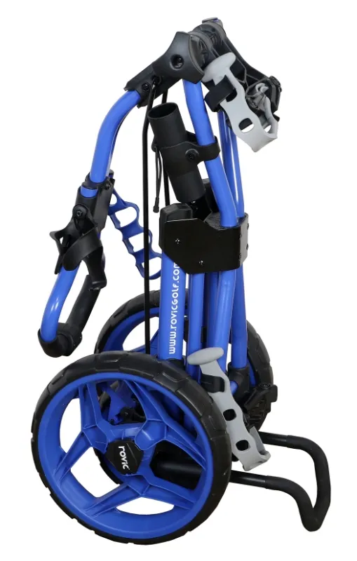 a folded Rovic RV3J Junior golf Trolley in Blue